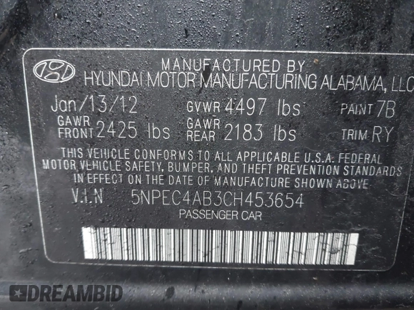 2012 Hyundai Sonata Limited with VIN 5NPEC4AB3CH453654, listed as a IAAI auction lot 41853048 with Not Provided miles and . Bid and sale history available at DreamBid. Image 9.