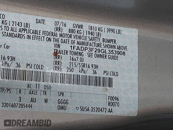 2016 Ford Focus SE z VIN 1FADP3F29GL353908, wystawiony jako IAAI lot #42289308 z przebiegiem 94 937 mil mil oraz . Historia ofert i sprzedaży dostępna na DreamBid. Obrazek 9.