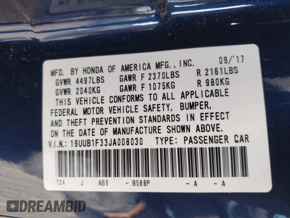 2018 Acura TLX with VIN 19UUB1F33JA008030, listed as a IAAI auction lot 41646216 with 55,931 mi miles and . Bid and sale history available at DreamBid. Image 9.