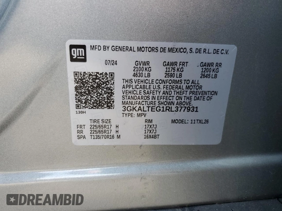 2024 GMC Terrain SLE with VIN 3GKALTEG1RL377931, listed as a Copart auction lot 51220535 with 0 mi miles and Salvage Title. Bid and sale history available at carsss.com. Image 13.