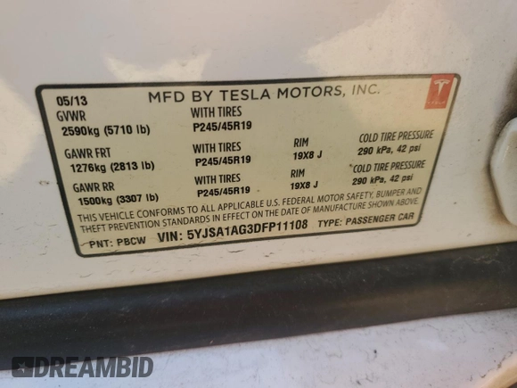2013 Tesla Model S with VIN 5YJSA1AG3DFP11108, listed as a Copart auction lot 56247045 with 159,703 mi miles and Clean title. Bid and sale history available at DreamBid. Image 12.
