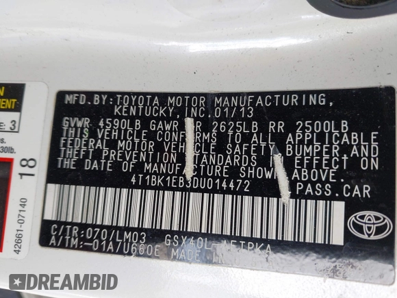 2013 Toyota Avalon XLE with VIN 4T1BK1EB3DU014472, listed as a IAAI auction lot 41826245 with 151,522 mi miles and . Bid and sale history available at DreamBid. Image 9.