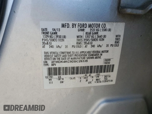 2013 Ford Edge Limited with VIN 2FMDK4KC9DBC29335, listed as a Copart auction lot 50328995 with 284,030 mi miles and Non Repairable. Bid and sale history available at carsss.com. Image 12.