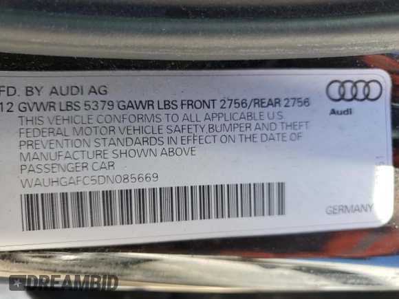 2013 Audi A6 3.0T Prestige with VIN WAUHGAFC5DN085669, listed as a Copart auction lot 84503214 with 47,083 mi miles and Salvage Title. Bid and sale history available at carsss.com. Image 12.