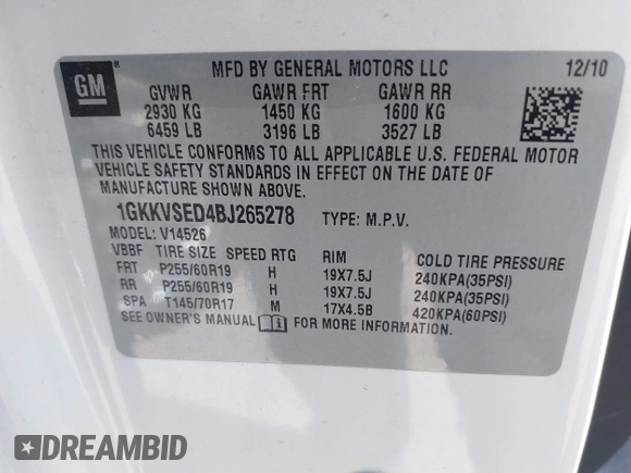 2011 GMC Acadia SLT2 with VIN 1GKKVSED4BJ265278, listed as a IAAI auction lot 42101764 with 139,872 mi miles. Bid and sale history available at carsss.com. Image 9.
