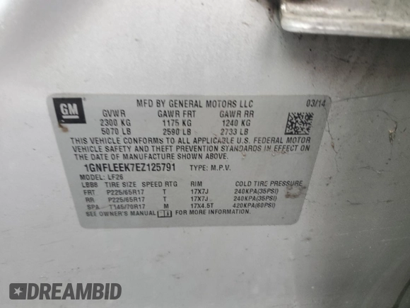 2014 Chevrolet Equinox LS with VIN 1GNFLEEK7EZ125791, listed as a Copart auction lot 54969365 with 202,895 mi miles and Clean Title. Bid and sale history available at DreamBid. Image 12.