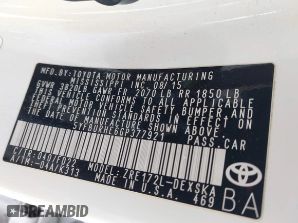 2016 Toyota Corolla L с VIN 5YFBURHE6GP377921, выставлен на аукционе IAAI как лот 41263062 с пробегом 106 590 миль миль и . История ставок и продаж доступна на DreamBid. Изображение 9.