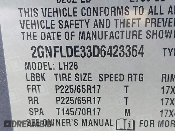 2013 Chevrolet Equinox LT with VIN 2GNFLDE33D6423364, listed as a IAAI auction lot 41421474 with 40,517 mi miles and . Bid and sale history available at DreamBid. Image 9.