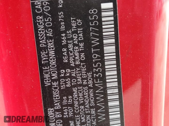 2009 MINI Hardtop with VIN WMWMF33519TW77558, listed as a Copart auction lot 54556785 with 97,749 mi miles and Salvage Title. Bid and sale history available at DreamBid. Image 13.