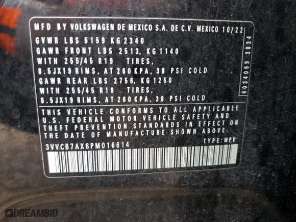 2023 Volkswagen Tiguan SE R-Line Black with VIN 3VVCB7AX8PM016614, listed as a Copart auction lot 43944695 with 39,378 mi miles and Salvage Title. Bid and sale history available at carsss.com. Image 12.