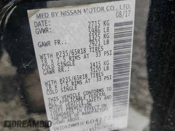 2018 Nissan Pathfinder SV with VIN 5N1DR2MM9JC604772, listed as a Copart auction lot 59741915 with 92,516 mi miles and Salvage title. Bid and sale history available at DreamBid. Image 14.