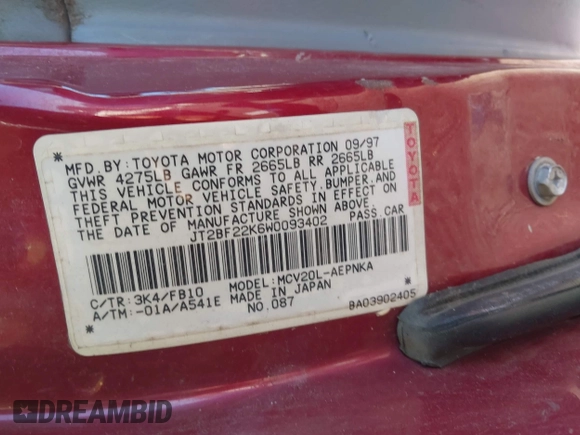 1998 Toyota Camry LE z VIN JT2BF22K6W0093402, wystawiony jako IAAI lot #41428561 z przebiegiem Nie podano mil oraz . Historia ofert i sprzedaży dostępna na DreamBid. Obrazek 9.