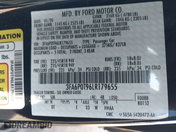 2020 Ford Fusion SE with VIN 3FA6P0T96LR179655, listed as a IAAI auction lot 41796399 with 54,089 mi miles and . Bid and sale history available at DreamBid. Image 9.