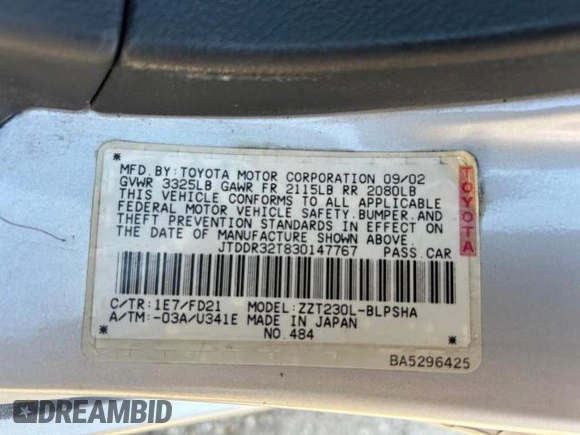 2003 Toyota Celica GT with VIN JTDDR32T830147767, listed as a Copart auction lot 75714774 with 182,445 mi miles and Clean Title. Bid and sale history available at carsss.com. Image 10.