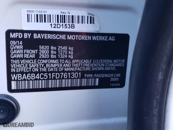 2015 BMW 6 Series 650i xDrive with VIN WBA6B4C51FD761301, listed as a Copart auction lot 42350655 with 0 mi miles and Salvage Title. Bid and sale history available at carsss.com. Image 12.