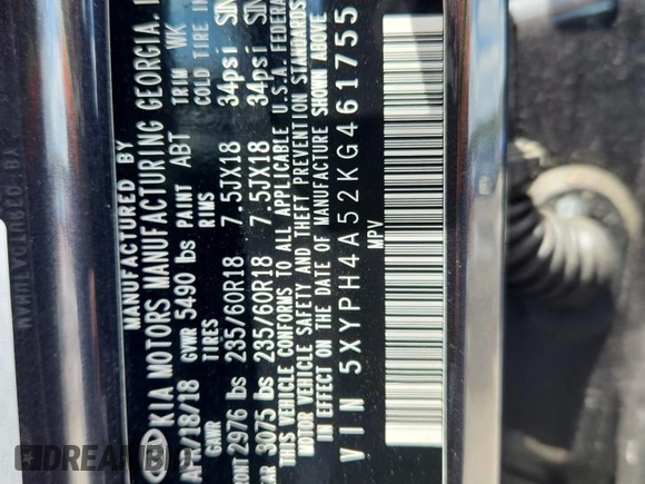 2019 Kia Sorento EX with VIN 5XYPH4A52KG461755, listed as a Copart auction lot 60148425 with 89,802 mi miles and Salvage title. Bid and sale history available at DreamBid. Image 14.