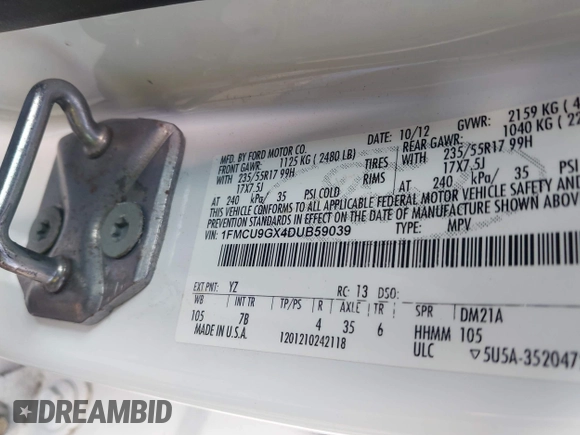 2013 Ford Escape SE with VIN 1FMCU9GX4DUB59039, listed as a IAAI auction lot 42722871 with 93,188 mi miles and . Bid and sale history available at DreamBid. Image 9.