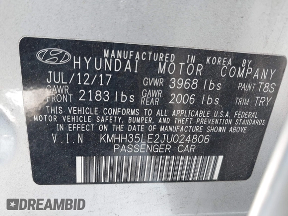 2018 Hyundai Elantra with VIN KMHH35LE2JU024806, listed as a IAAI auction lot 41263386 with 89,718 mi miles and . Bid and sale history available at DreamBid. Image 9.