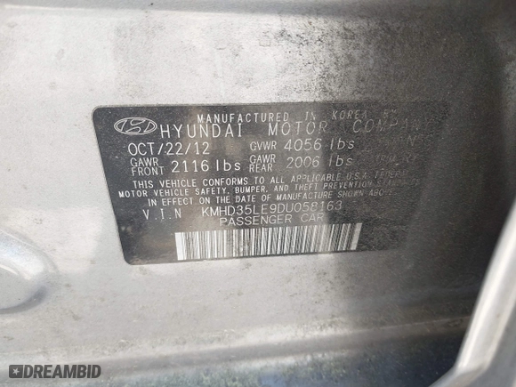 2013 Hyundai Elantra GT with VIN KMHD35LE9DU058163, listed as a IAAI auction lot 42067923 with 180,638 mi miles. Bid and sale history available at carsss.com. Image 9.