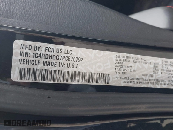 2023 Dodge Durango GT Plus with VIN 1C4RDHDG7PC576792, listed as a IAAI auction lot 41484341 with 48,290 mi miles and . Bid and sale history available at DreamBid. Image 9.