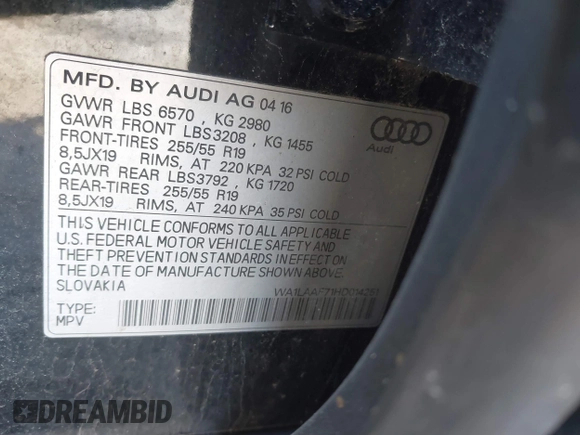 2017 Audi Q7 Premium Plus with VIN WA1LAAF71HD014251, listed as a IAAI auction lot 41859906 with 128,789 mi miles. Bid and sale history available at carsss.com. Image 9.