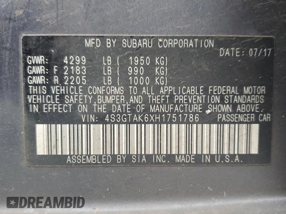 2017 Subaru Impreza Special Sports with VIN 4S3GTAK6XH1751786, listed as a Copart auction lot 86219994 with 121,393 mi miles and Salvage title. Bid and sale history available at DreamBid. Image 12.
