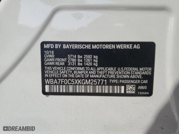 2019 BMW 7 Series 750i with VIN WBA7F0C5XKGM25771, listed as a Copart auction lot 47239195 with 73,691 mi miles and Salvage Title. Bid and sale history available at carsss.com. Image 12.