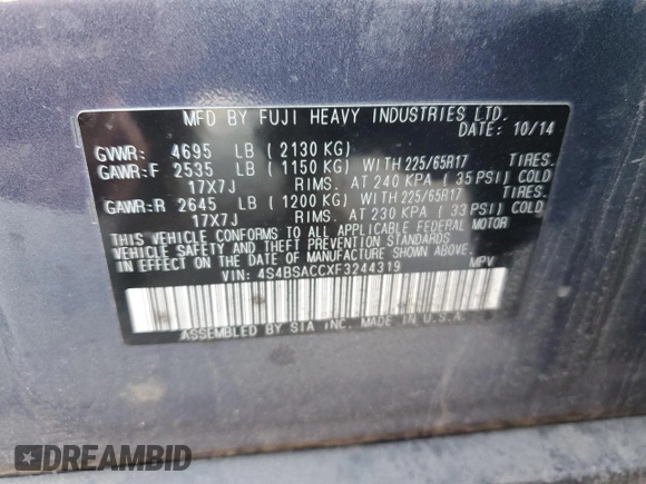 2015 Subaru Outback Premium with VIN 4S4BSACCXF3244319, listed as a Copart auction lot 53958195 with Not Provided miles and Salvage Title. Bid and sale history available at DreamBid. Image 12.
