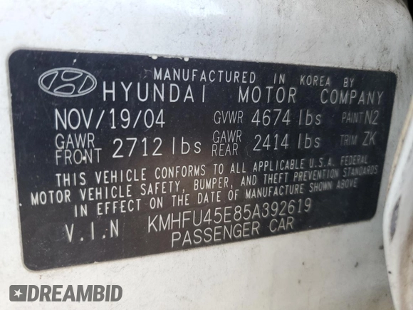 2005 Hyundai XG z VIN KMHFU45E85A392619, wystawiony jako Copart lot #78087664 z przebiegiem 71 256 mil mil oraz Szkody całkowita. Historia ofert i sprzedaży dostępna na DreamBid. Obrazek 12.