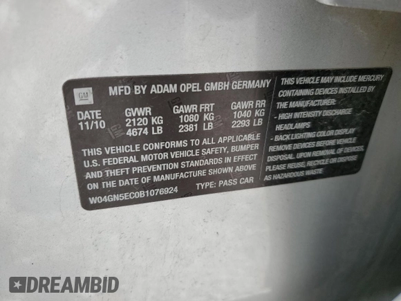2011 Buick Regal CXL RL1 z VIN W04GN5EC0B1076924, wystawiony jako Copart lot #55494595 z przebiegiem 107 902 mil mil oraz Szkoda całkowita • Salvage title. Historia ofert i sprzedaży dostępna na DreamBid. Obrazek 12.