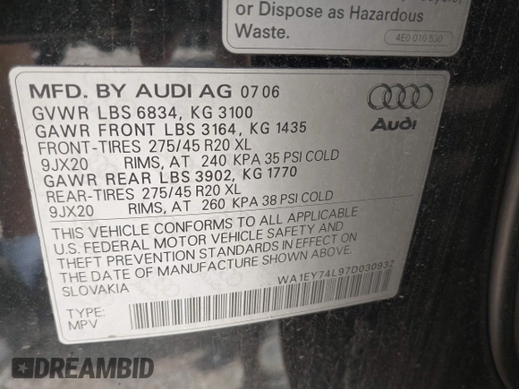 2007 Audi Q7 Premium Plus with VIN WA1EY74L97D030932, listed as a IAAI auction lot 42454256 with 110,871 mi miles and . Bid and sale history available at DreamBid. Image 9.