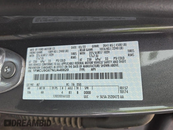 2022 Ford Escape SE с VIN 1FMCU9G67NUA48820, выставлен на аукционе IAAI как лот 42525386 с пробегом 83 489 миль миль и . История ставок и продаж доступна на DreamBid. Изображение 19.