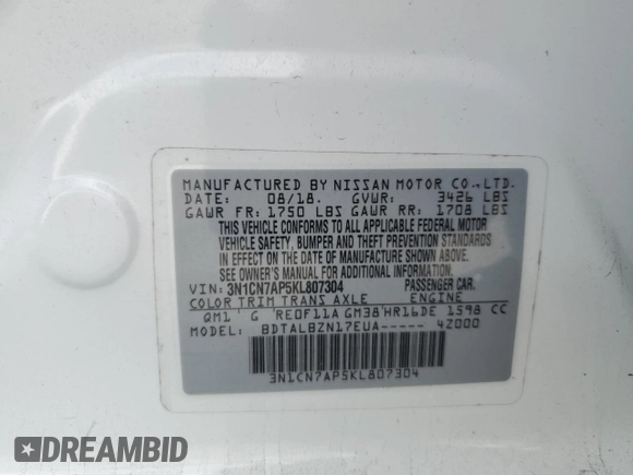 2019 Nissan Versa SV with VIN 3N1CN7AP5KL807304, listed as a Copart auction lot 48010775 with 93,496 mi miles and Non repairable. Bid and sale history available at DreamBid. Image 12.
