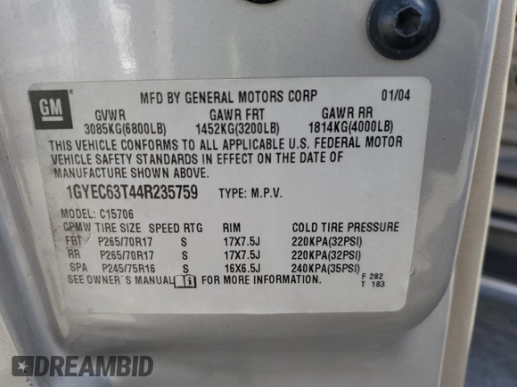 2004 Cadillac Escalade z VIN 1GYEC63T44R235759, wystawiony jako Copart lot #53166755 z przebiegiem 212 034 mil mil oraz Szkody całkowita. Historia ofert i sprzedaży dostępna na DreamBid. Obrazek 13.