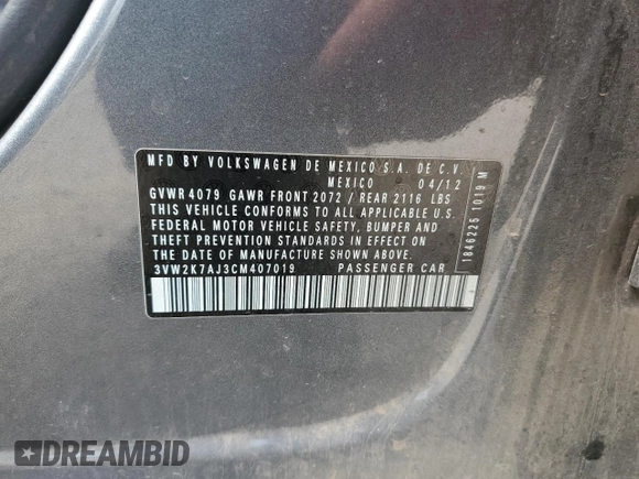 2012 Volkswagen Jetta S with VIN 3VW2K7AJ3CM407019, listed as a Copart auction lot 55073655 with 123,290 mi miles and Salvage title. Bid and sale history available at DreamBid. Image 12.