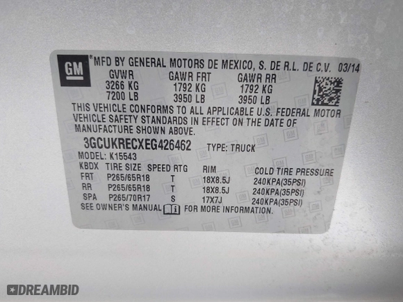 2014 Chevrolet Silverado 1500 LT with VIN 3GCUKRECXEG426462, listed as a IAAI auction lot 41599738 with 193,829 mi miles. Bid and sale history available at carsss.com. Image 9.