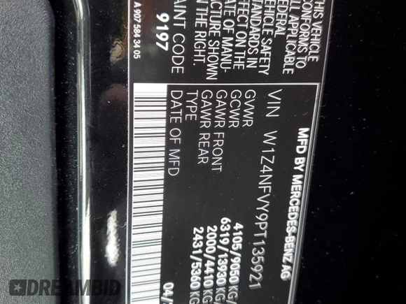 2023 Mercedes-Benz Sprinter with VIN W1Z4NFVY9PT135921, listed as a Copart auction lot 43608565 with Not Provided miles and Salvage Title. Bid and sale history available at DreamBid. Image 14.