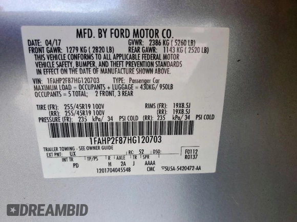 2017 Ford Taurus Limited with VIN 1FAHP2F87HG120703, listed as a Copart auction lot 62123765 with 148,756 mi miles and Salvage title. Bid and sale history available at DreamBid. Image 12.