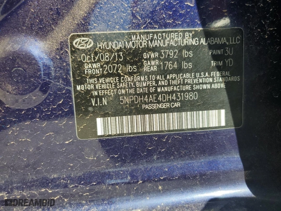 2013 Hyundai Elantra Limited PZEV with VIN 5NPDH4AE4DH431980, listed as a Copart auction lot 53617515 with 144,187 mi miles and Clean Title. Bid and sale history available at carsss.com. Image 12.