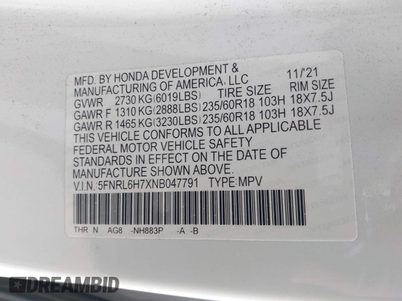 2022 Honda Odyssey EX-L with VIN 5FNRL6H7XNB047791, listed as a IAAI auction lot 41322565 with 174,498 mi miles and . Bid and sale history available at DreamBid. Image 9.