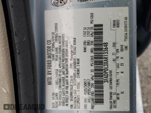 2010 Ford Fusion Hybrid with VIN 3FADP0L3XAR133648, listed as a Copart auction lot 50716805 with 85,266 mi miles and Salvage Title. Bid and sale history available at DreamBid. Image 12.