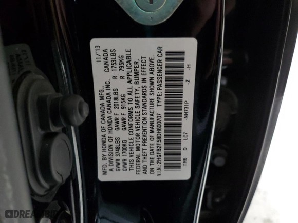 2013 Honda Civic Sdn LX with VIN 2HGFB2F58DH600707, listed as a Copart auction lot 46729855 with 143,750 mi miles and Salvage Title. Bid and sale history available at carsss.com. Image 14.