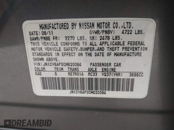 2012 Infiniti G37 Journey with VIN JN1CV6AP0CM620084, listed as a IAAI auction lot 41785352 with 108,836 mi miles. Bid and sale history available at carsss.com. Image 9.