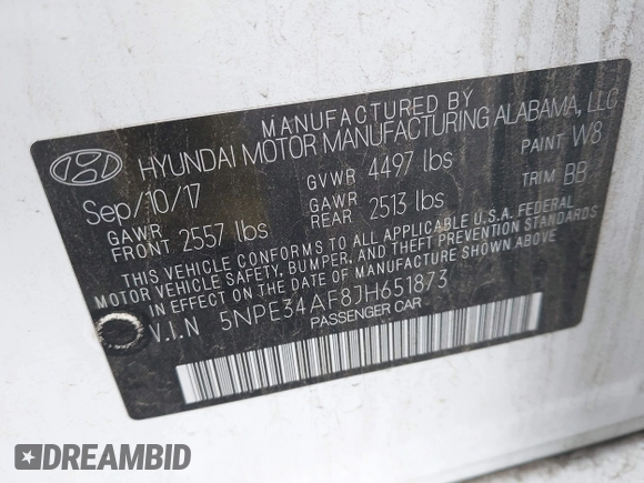 2018 Hyundai Sonata Sport with VIN 5NPE34AF8JH651873, listed as a IAAI auction lot 41777464 with 97,342 mi miles and . Bid and sale history available at carsss.com. Image 9.