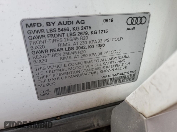 2020 Audi Q5 Premium Plus with VIN WA1BNAFY6L2021936, listed as a Copart auction lot 71497262 with 28,188 mi miles. Bid and sale history available at carsss.com. Image 12.