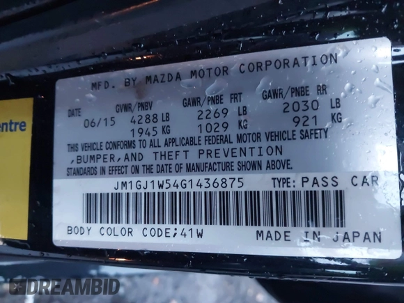 2016 Mazda 6 i Grand Touring with VIN JM1GJ1W54G1436875, listed as a IAAI auction lot 40841611 with 78,796 mi miles and . Bid and sale history available at carsss.com. Image 9.
