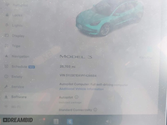 2023 Tesla Model 3 with VIN 5YJ3E1EA1PF426684, listed as a IAAI auction lot 41507661 with 28,703 mi miles. Bid and sale history available at carsss.com. Image 7.