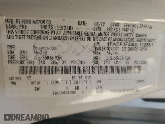 2013 Ford Focus SE with VIN 1FADP3F24DL112561, listed as a Copart auction lot 63509945 with 153,305 mi miles and Clean title. Bid and sale history available at DreamBid. Image 12.