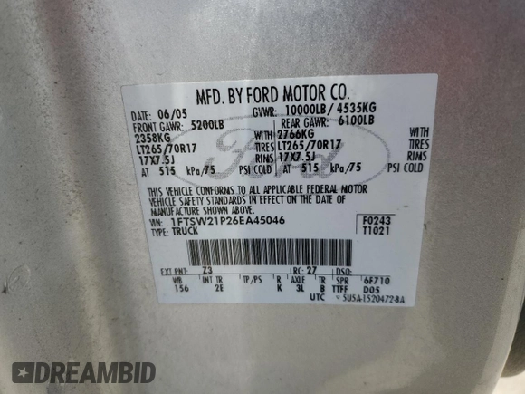 2006 Ford Super Duty F-250 XL with VIN 1FTSW21P26EA45046, listed as a Copart auction lot 51920665 with 219,253 mi miles and Salvage Title. Bid and sale history available at carsss.com. Image 12.