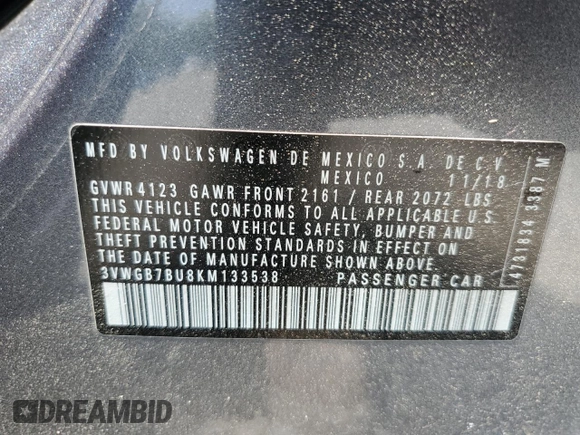2019 Volkswagen Jetta SEL Premium с VIN 3VWGB7BU8KM133538, выставлен на аукционе Copart как лот 50101564 с пробегом 53 901 миль миль и Списание • Salvage title. История ставок и продаж доступна на DreamBid. Изображение 12.